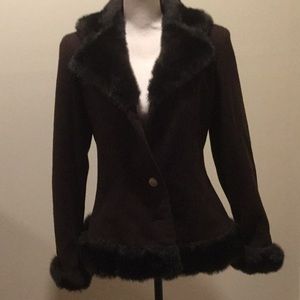 Brown wool jacket with faux fur trim